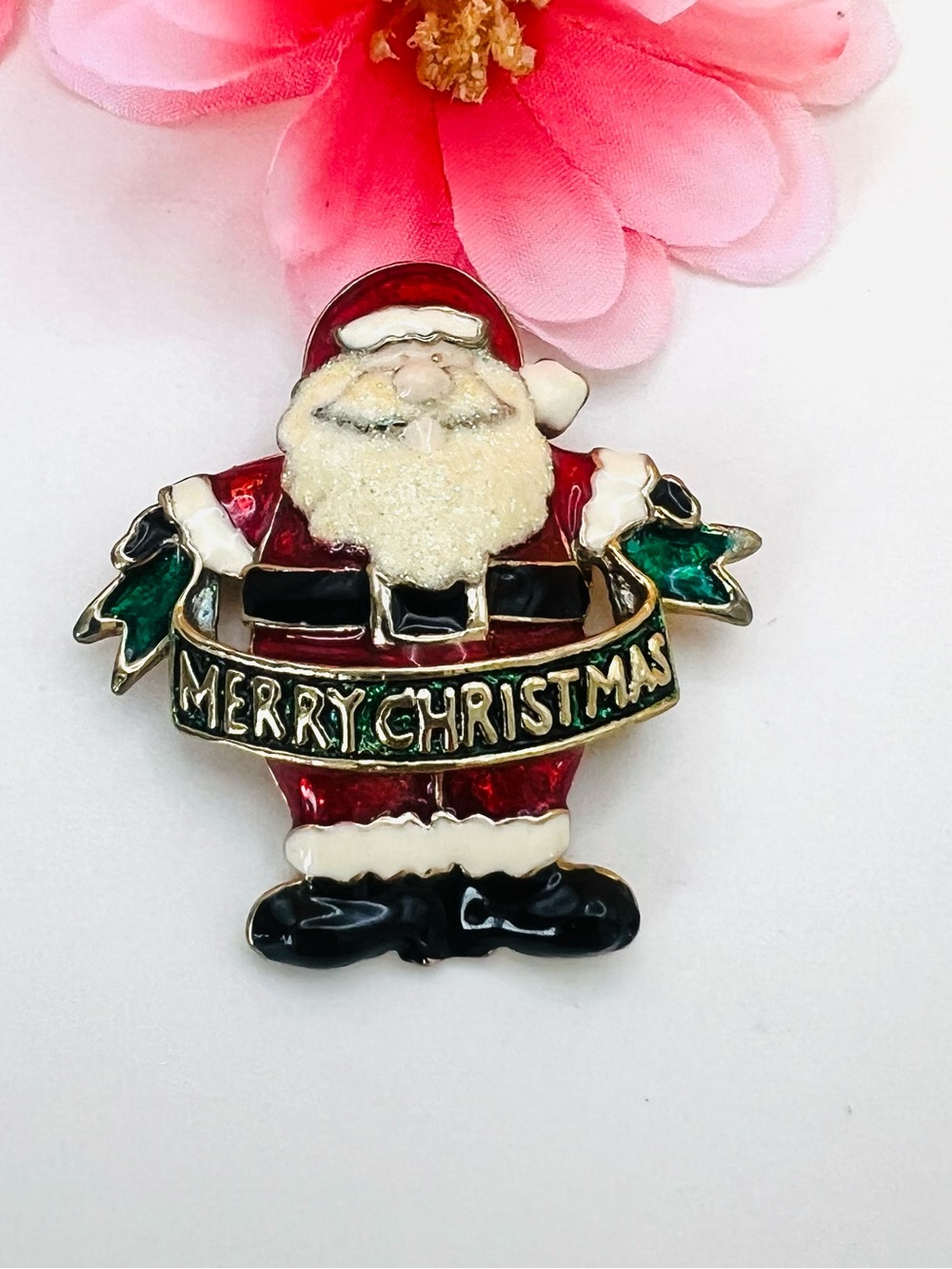 Holiday Red Santa 'Merry Christmas' Enamel Brooch